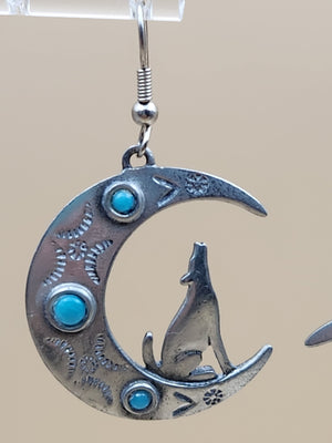 JONETTE JEWELRY JJ Pewter/Turquoise/Crescent Moon and Wolf Cutout Dangle Earrings