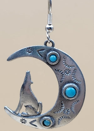JONETTE JEWELRY JJ Pewter/Turquoise/Crescent Moon and Wolf Cutout Dangle Earrings