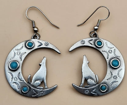 JONETTE JEWELRY JJ Pewter/Turquoise/Crescent Moon and Wolf Cutout Dangle Earrings