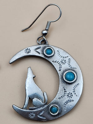 JONETTE JEWELRY JJ Pewter/Turquoise/Crescent Moon and Wolf Cutout Dangle Earrings