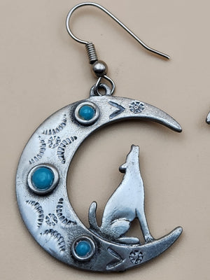 JONETTE JEWELRY JJ Pewter/Turquoise/Crescent Moon and Wolf Cutout Dangle Earrings