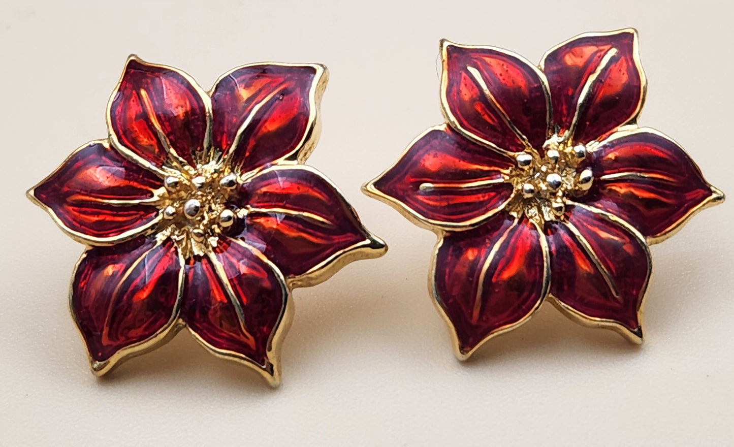 Stunning Red Enamel Gold Tone Flower Earrings