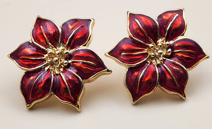 Stunning Red Enamel Gold Tone Flower Earrings