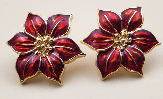 Stunning Red Enamel Gold Tone Flower Earrings
