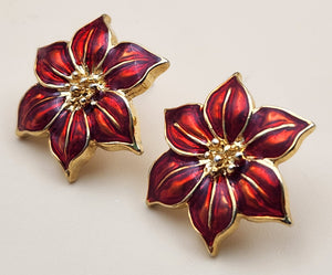Stunning Red Enamel Gold Tone Flower Earrings