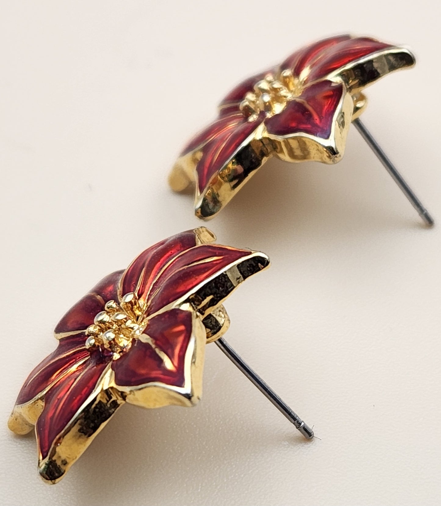 Stunning Red Enamel Gold Tone Flower Earrings