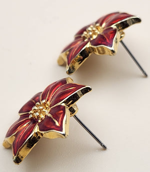 Stunning Red Enamel Gold Tone Flower Earrings