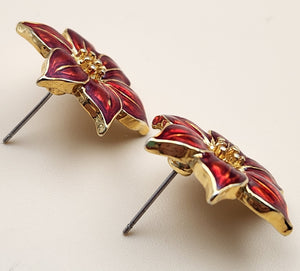 Stunning Red Enamel Gold Tone Flower Earrings