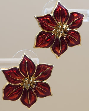 Stunning Red Enamel Gold Tone Flower Earrings