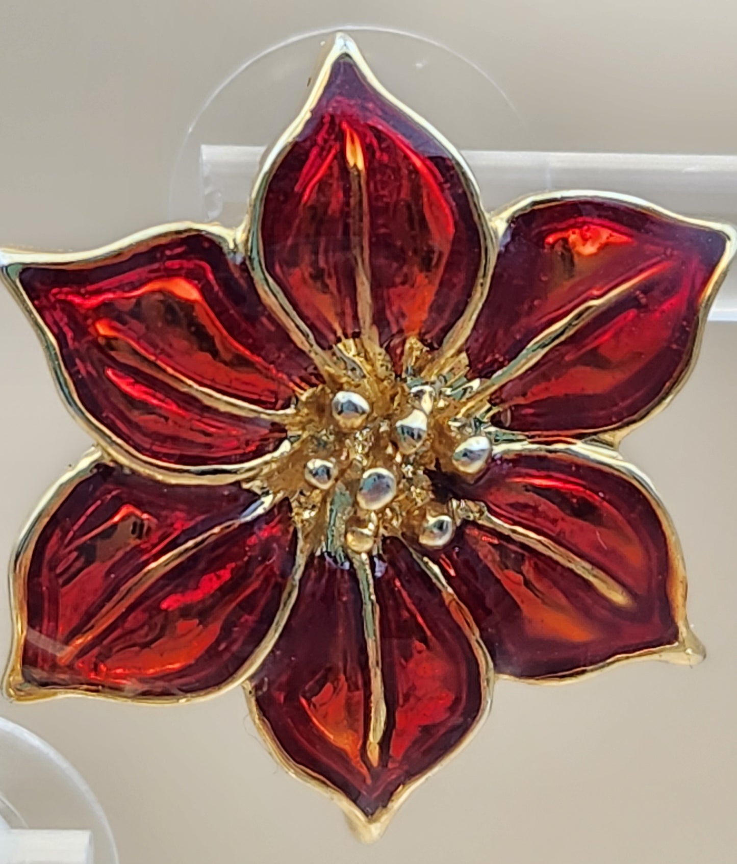 Stunning Red Enamel Gold Tone Flower Earrings