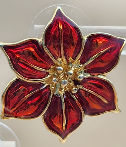 Stunning Red Enamel Gold Tone Flower Earrings
