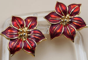 Stunning Red Enamel Gold Tone Flower Earrings