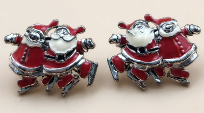 Vintage Mr. And Mrs. Santa Claus Wearing Ice Skates Festive Red and White Enamel Earrings