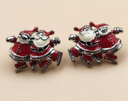 Vintage Mr. And Mrs. Santa Claus Wearing Ice Skates Festive Red and White Enamel Earrings