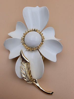 Vintage 1960's-70's White Enamel/Gold Tone 3.5" Brooch
