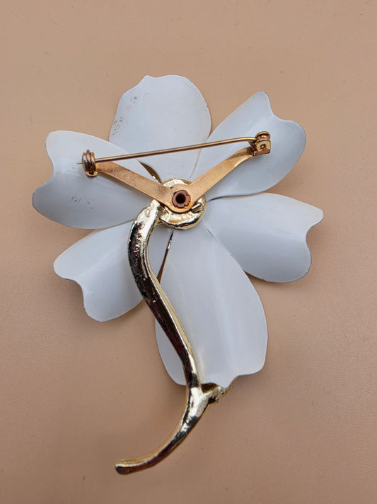 Vintage 1960's-70's White Enamel/Gold Tone 3.5" Brooch