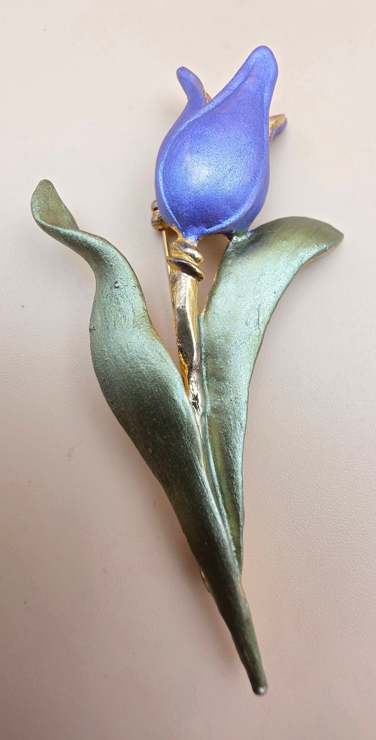 Dimensional Purple Tulip/Gold Tone/Green Enamel Leaf 3.25" Vintage 1950's-60's Brooch