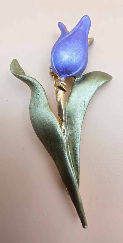 Dimensional Purple Tulip/Gold Tone/Green Enamel Leaf 3.25" Vintage 1950's-60's Brooch