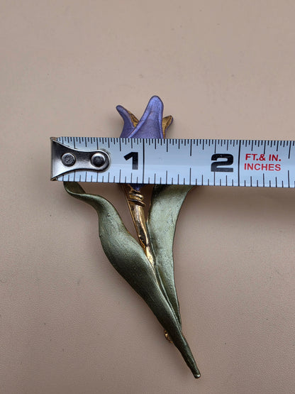 Dimensional Purple Tulip/Gold Tone/Green Enamel Leaf 3.25" Vintage 1950's-60's Brooch