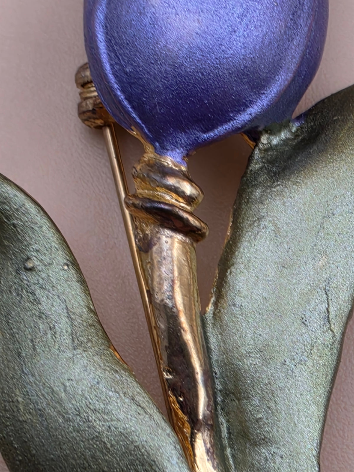 Dimensional Purple Tulip/Gold Tone/Green Enamel Leaf 3.25" Vintage 1950's-60's Brooch