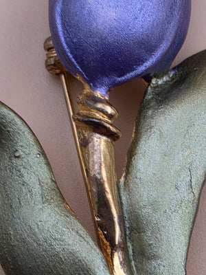 Dimensional Purple Tulip/Gold Tone/Green Enamel Leaf 3.25" Vintage 1950's-60's Brooch