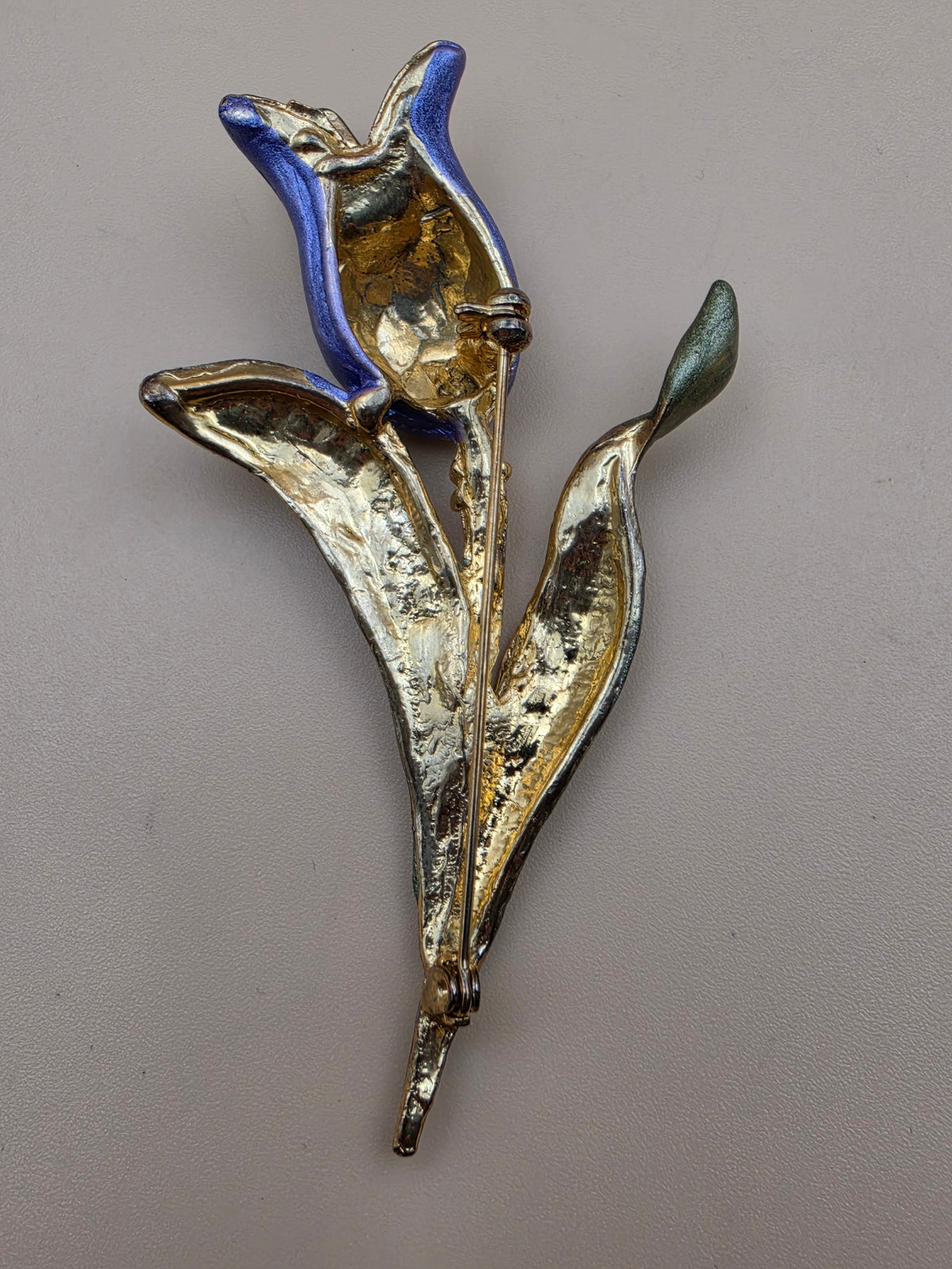 Dimensional Purple Tulip/Gold Tone/Green Enamel Leaf 3.25" Vintage 1950's-60's Brooch