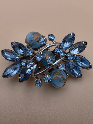 1940's-1950's Navette/Round Blue Rhinestones/ Resin Spheres 3D Layered Brooch