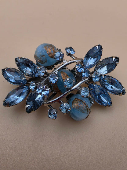 1940's-1950's Navette/Round Blue Rhinestones/ Resin Spheres 3D Layered Brooch
