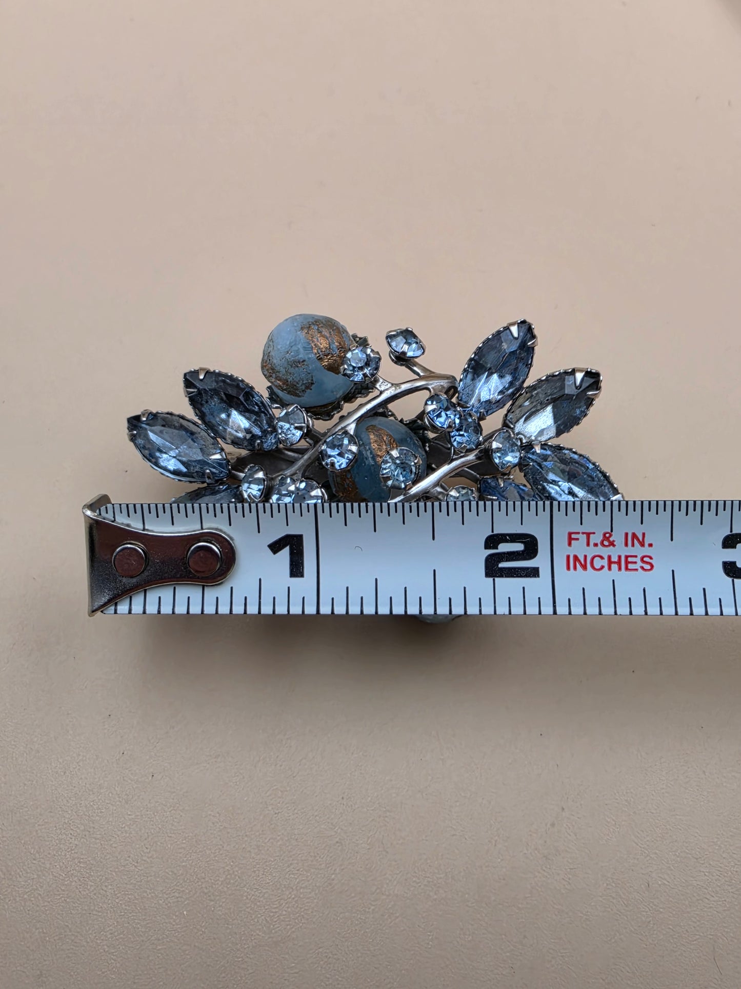 1940's-1950's Navette/Round Blue Rhinestones/ Resin Spheres 3D Layered Brooch