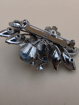 1940's-1950's Navette/Round Blue Rhinestones/ Resin Spheres 3D Layered Brooch