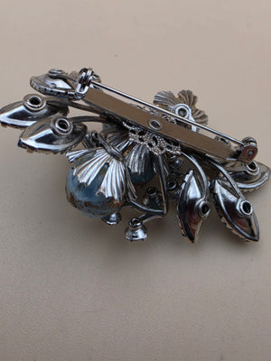 1940's-1950's Navette/Round Blue Rhinestones/ Resin Spheres 3D Layered Brooch