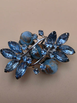 1940's-1950's Navette/Round Blue Rhinestones/ Resin Spheres 3D Layered Brooch