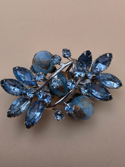1940's-1950's Navette/Round Blue Rhinestones/ Resin Spheres 3D Layered Brooch