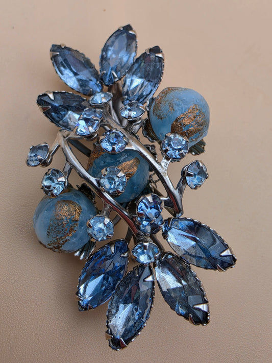 1940's-1950's Navette/Round Blue Rhinestones/ Resin Spheres 3D Layered Brooch