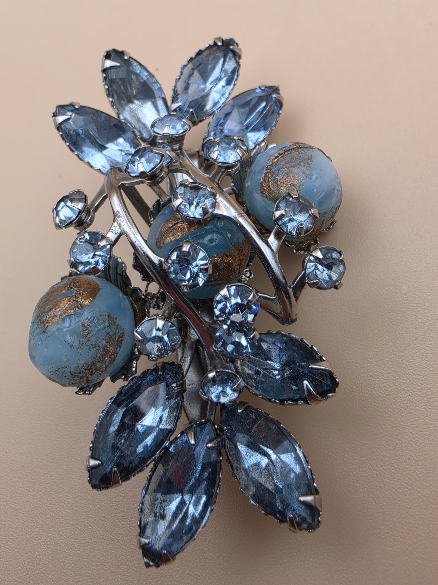 1940's-1950's Navette/Round Blue Rhinestones/ Resin Spheres 3D Layered Brooch