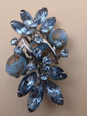 1940's-1950's Navette/Round Blue Rhinestones/ Resin Spheres 3D Layered Brooch