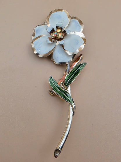 Gold Tone/White/Green Enamel 4.25" Vintage Brooch