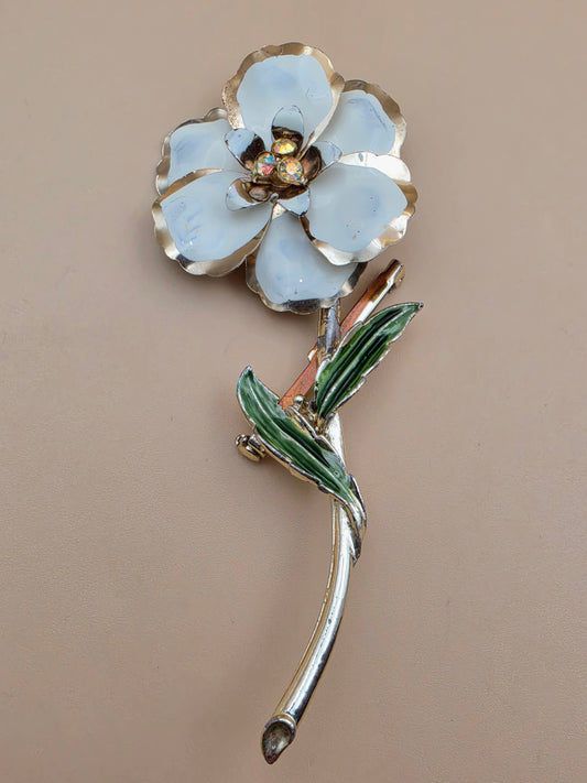 Gold Tone/White/Green Enamel 4.25" Vintage Brooch