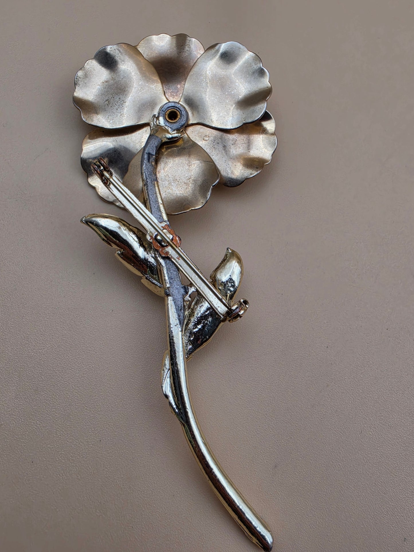 Gold Tone/White/Green Enamel 4.25" Vintage Brooch