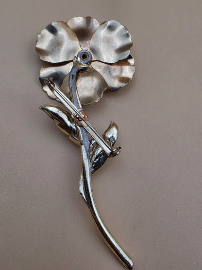 Gold Tone/White/Green Enamel 4.25" Vintage Brooch
