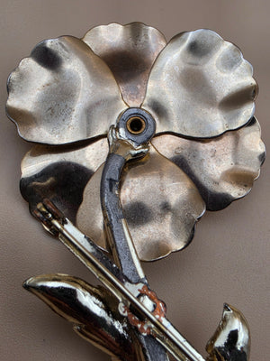 Gold Tone/White/Green Enamel 4.25" Vintage Brooch