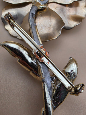 Gold Tone/White/Green Enamel 4.25" Vintage Brooch