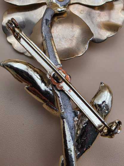 Gold Tone/White/Green Enamel 4.25" Vintage Brooch