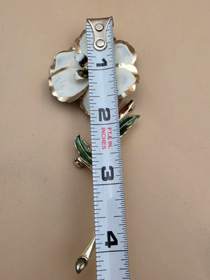 Gold Tone/White/Green Enamel 4.25" Vintage Brooch