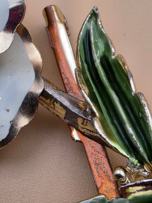 Gold Tone/White/Green Enamel 4.25" Vintage Brooch
