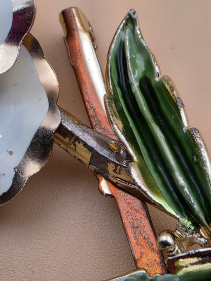 Gold Tone/White/Green Enamel 4.25" Vintage Brooch