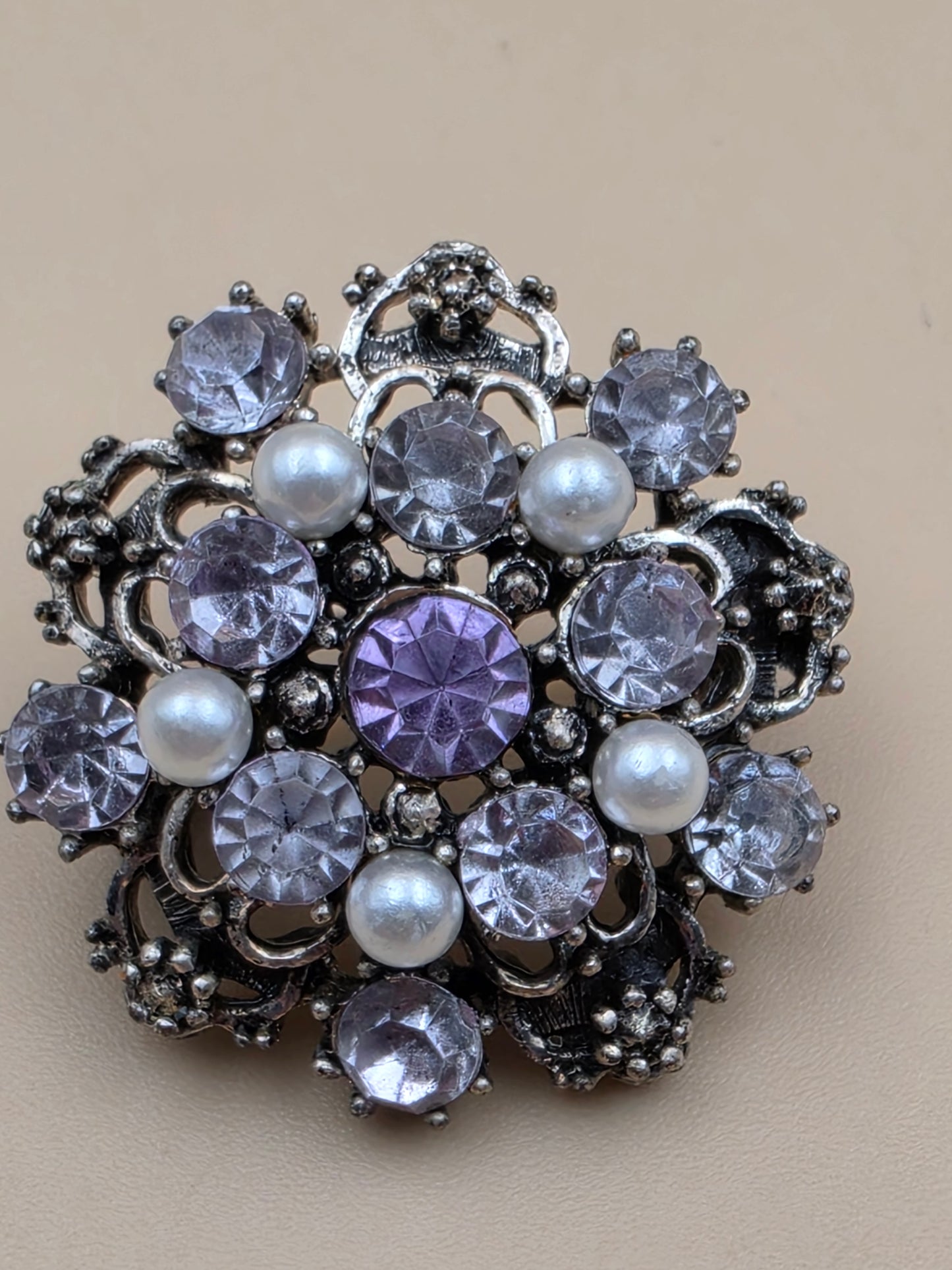Antiqued Silver Tone/Clear/Purple Rhinestone/Faux Pearl Mid 20th Century Brooch