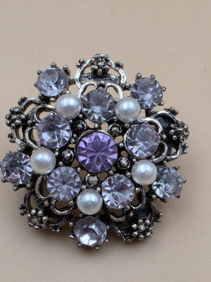 Antiqued Silver Tone/Clear/Purple Rhinestone/Faux Pearl Mid 20th Century Brooch