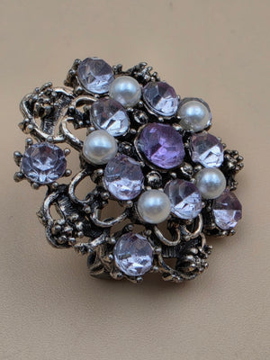Antiqued Silver Tone/Clear/Purple Rhinestone/Faux Pearl Mid 20th Century Brooch