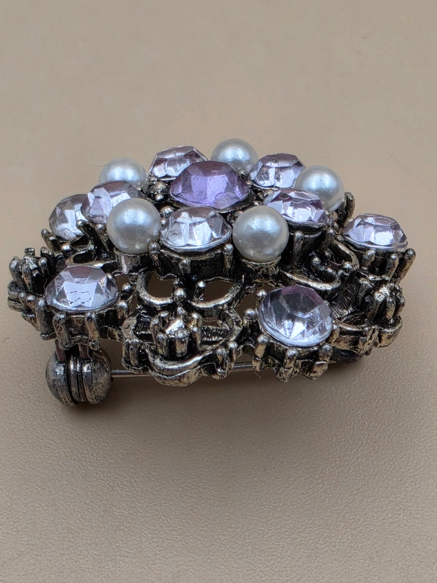 Antiqued Silver Tone/Clear/Purple Rhinestone/Faux Pearl Mid 20th Century Brooch